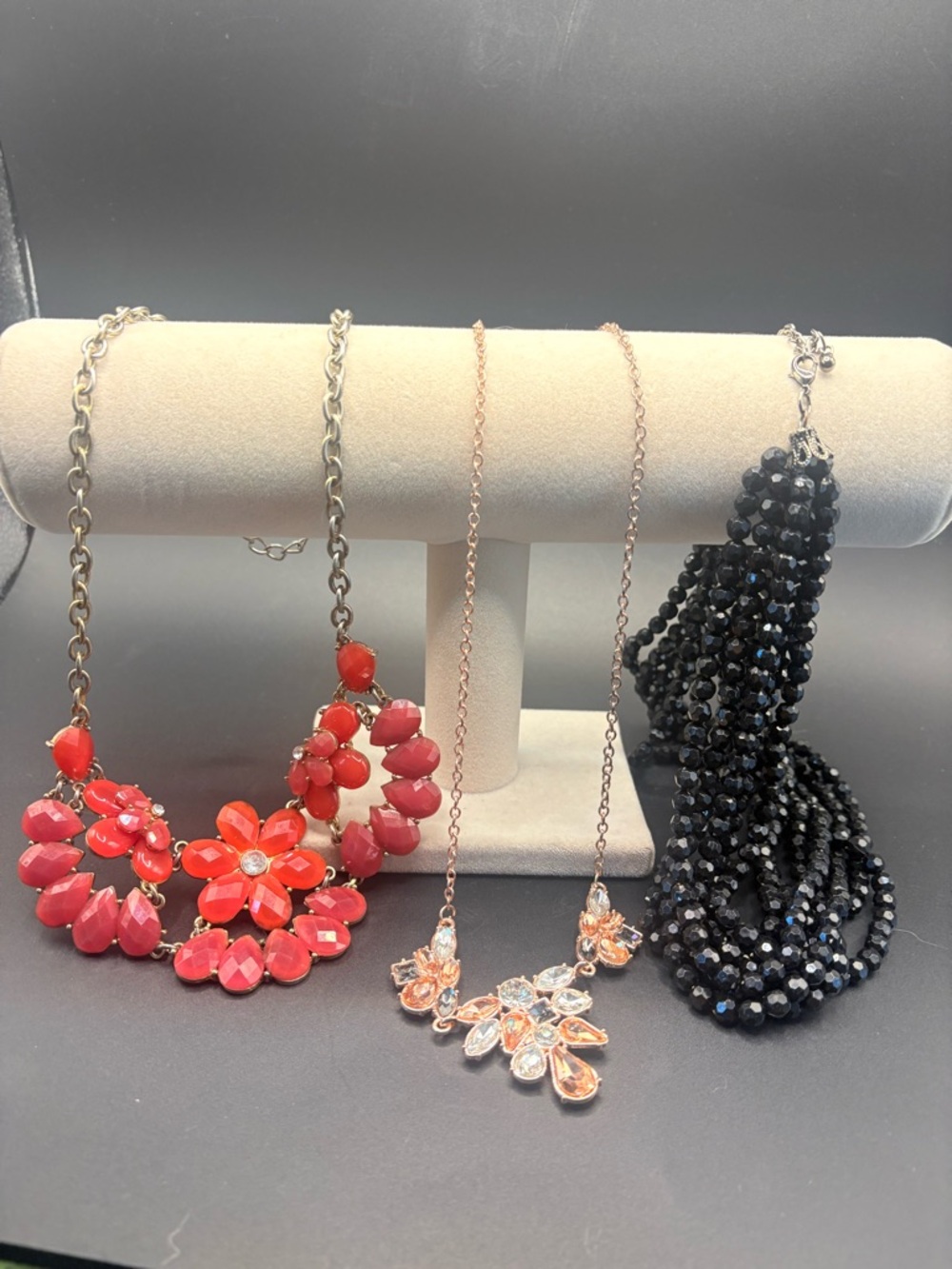 Three Statement Necklace Bundle Red Floral Black Beaded Crystal